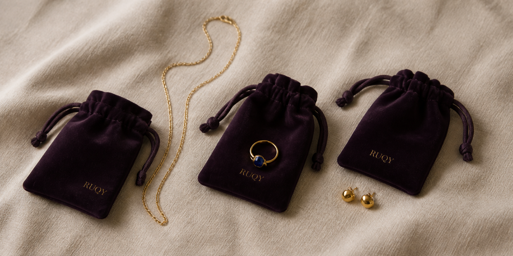 Ruqy jewellery stored separately in velvet pouches